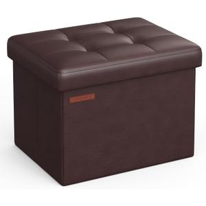 SONGMICS Small Folding Storage Ottoman, Foot Rest Stool, Cube Footrest, Synthetic Leather, 12.2 x 16.1 x 12.2 Inches, 286 lb Capacity, for Living Room, Bedroom, Dorm, Chestnut Brown ULSF100K02