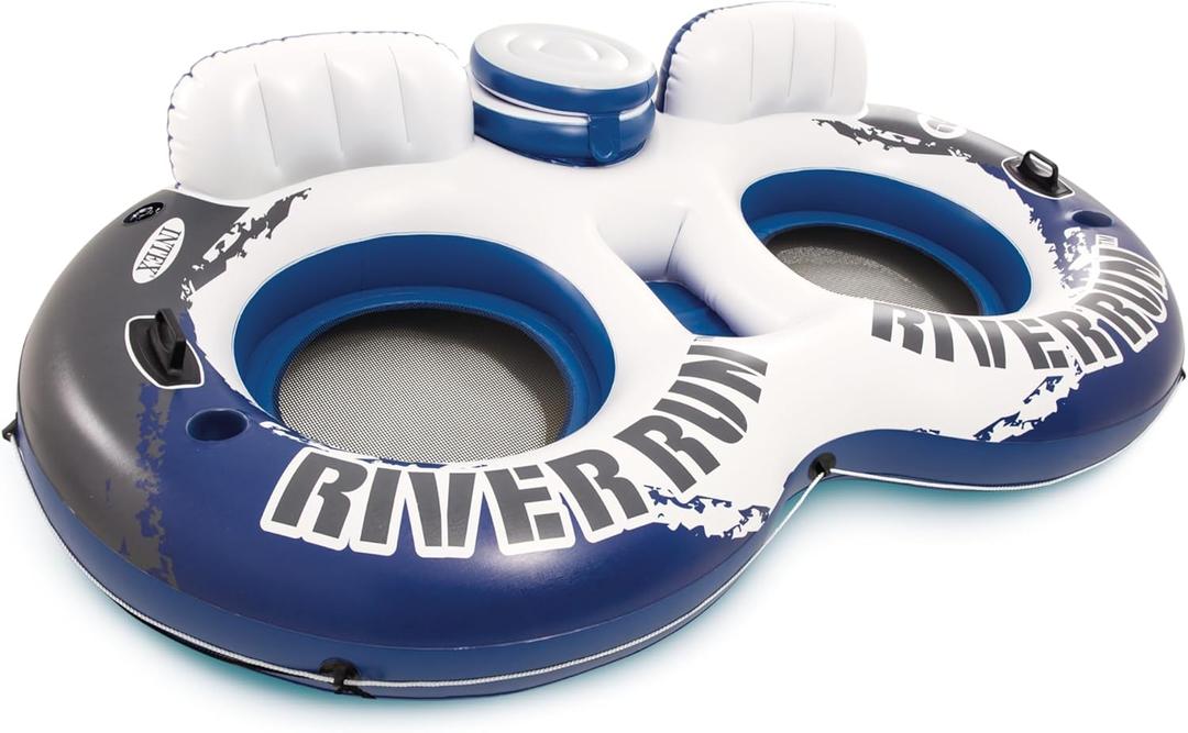 Intex 58837EP River Run 2 Inflatable Floating Lounge: Comfortable Backrests  Built-in Cup Holders  Cooler with Lid  2 Person  440lb Weight Capacity (Blue)