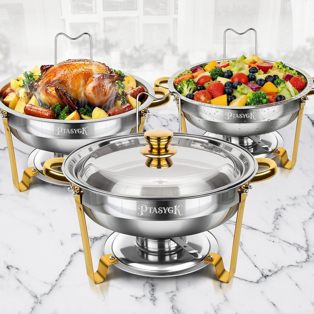 PTASYGK Round Chafing Dishes Buffet 3 Pack 5QT Gold Stainless Steel Lid | Keeps Food Warm for Hours, Stackable & Space-Saving, Lid Holder Included, Quick 5-Min Setup, Parties Catering Weddings Events