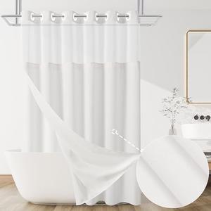 No Hooks Needed Linen Shower Curtain and Liner Set,White Hotel Luxury Decor Shower Curtains for Bathroom with See Through Top Window,Water Resistant Fabric,71Wx74W,White