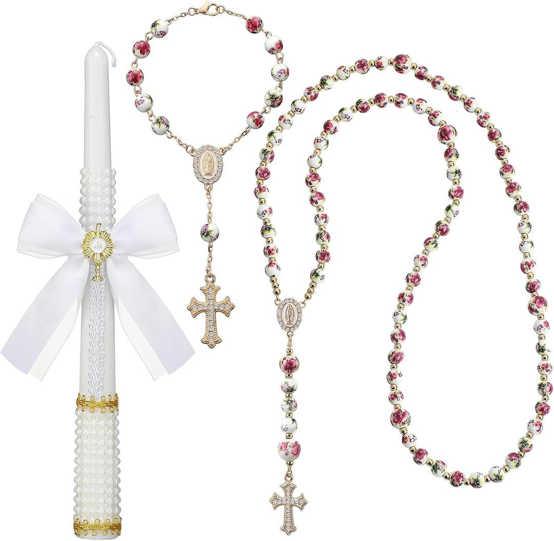 WILLBOND 3 Pcs First Communion Rosary and Candle Set Confirmation Candle Gifts Set Baptism Catholic Bracelets Cross Necklace Holy Communion Accessories for Christening Gift Keepsake(Rose Rosary)