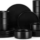 E-far Black Dinnerware Sets for 8, 24-Piece Stoneware Plates and Bowls Dish Set, Modern Kitchen Dinning Dishware, Chip and Scratch Resistant, Microwave & Dishwasher Safe, Matte Black