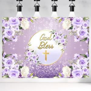 Golden Cross God Bless Photo Background Newborn Christening Purple Flowers Decoration First Holy Communion Baptism Christening Party Backdrop Baby Shower Cake Table Background (8X6FT)