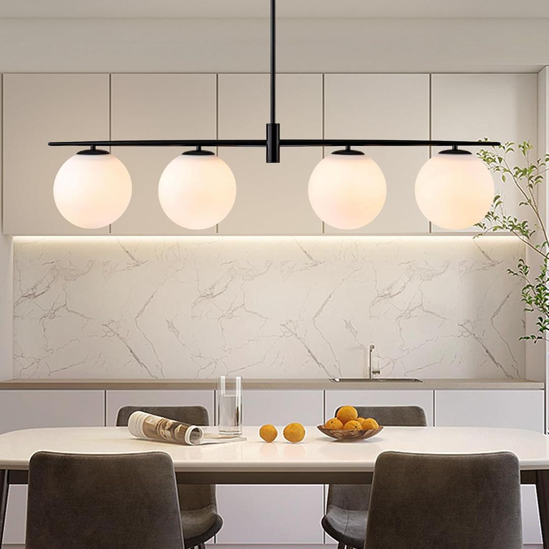 Black 45.3" Linear Chandeliers for Dining Room 4-Lights Milk Glass Globe Large Modern Linear Chandelier for Kitchen Island Living Room, Mid Century Chandelier Light Fixture Over Table