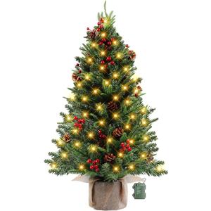 3 FT Mini Tabletop Christmas Tree, Artificial Christmas Tree with 80 LED Light Beads and 170 PE+PVC Branch Tips Battery Powered, Pine Cones and Red Berries Included for DIY Xmas Decorations