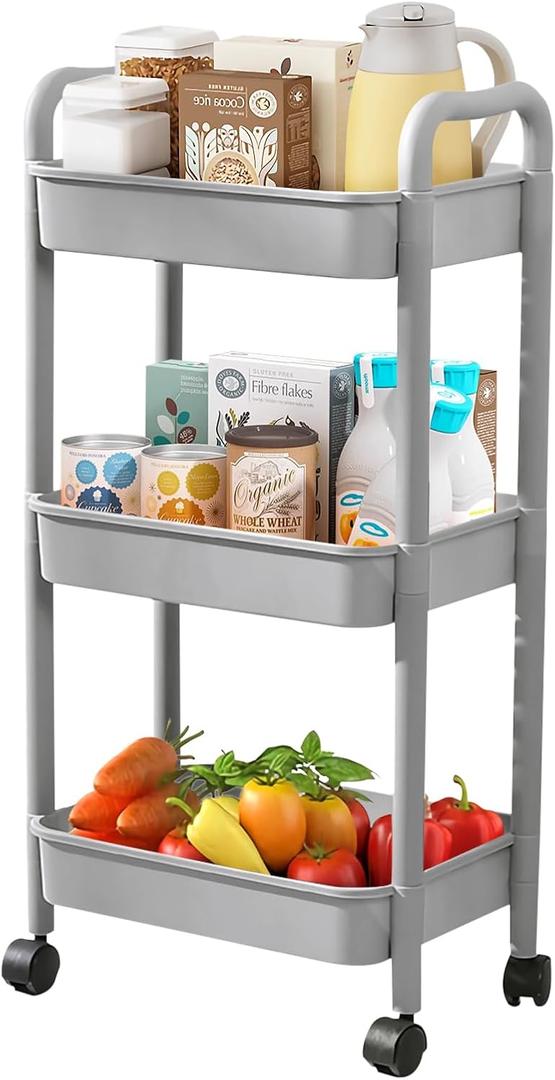 3 Tier Utility Rolling Cart with Handle, Multifunctional Storage Organizer Rolling Carts with Wheels for Bathroom Office Living Room (Grey) (Gray)