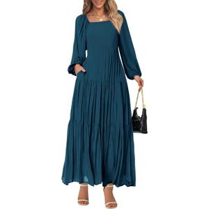 BTFBM Women Formal Dress Spring Square Neck Puff Long Sleeve Smocked Tiered Flowy Wedding Guest Maxi Dresses Pockets (Small, Dark Blue) BTFBM Women Formal Dress Spring Square Neck Puff Long Sleeve Smocked Tiered Flowy Wedding Guest Maxi Dresses Pockets (Small, Dark Blue)