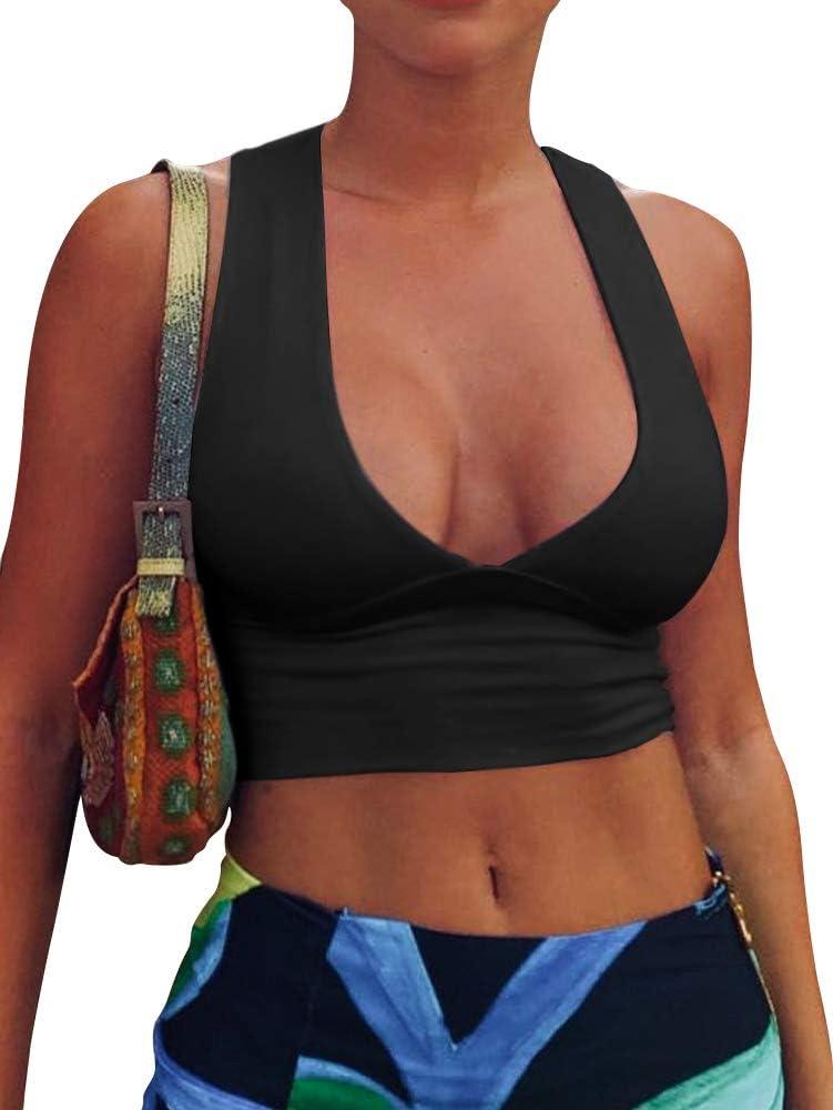 AEPEBO Sexy Crop Tops for Women Deep V Neck Back Cutout Sleeveless Plunge Racerback Tank Cropped Top (Medium, Black)