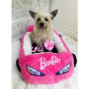 Megatoys Barbie Plush Car Pet Bed- Themed Plush Pink Pet Bed for Dogs and Cats Soft and Cozy Pet Bed with Barbie Pillow and Car Design