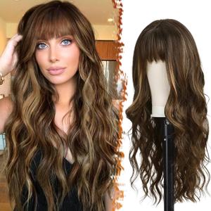 BARSDAR Long Wavy Highlight Wig With Bangs - 26 Inch Long Wavy Brown Mix Blonde Wig with Bangs for Women, Synthetic Balayage Hair Replacement Wigs Natural Looking Daily Cosplay Party Halloween