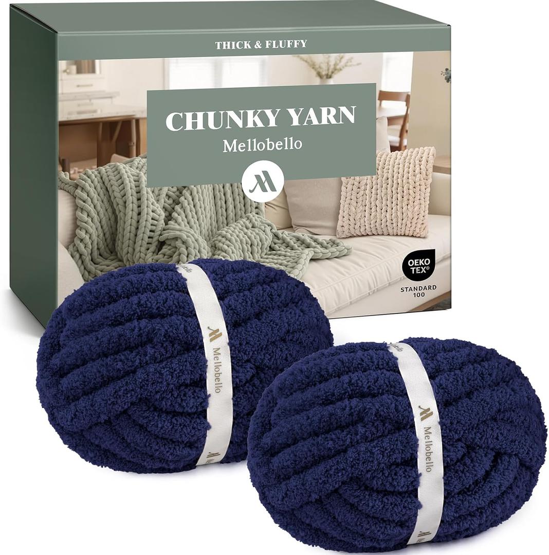 Jumbo Chenille Chunky Yarn for Crocheting - Super Bulky Fluffy Chunky Yarn for Hand Knitting - Extra Thick Soft Blanket Big Yarn 2 Jumbo Pack (27yds,8 oz Each Skein) (Navy Blue)