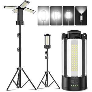CORESLUX Rechargeable Camping Lights with Stand, 6000K Portable Work Light, 4 LED Lamp Heads Magnetic Flashlight with Detachable Tripod Camping Essentials for Outdoor Work, Garage, Camping, Fishing