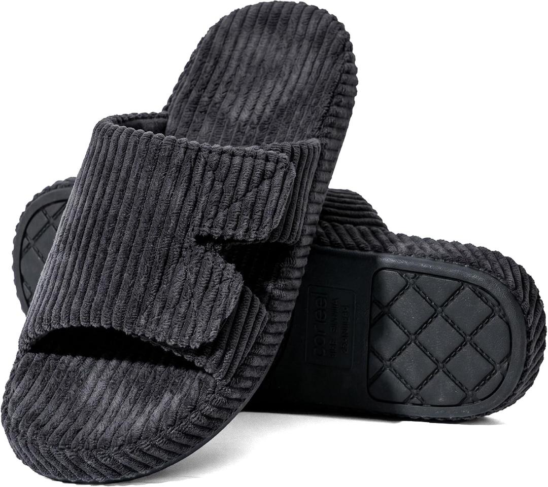 Unisex Slippers with Low Arch Support Striped Slip On | Adjustable Indoor House Shoes with Rubber Sole Corduroy Insole and Linen for Men Women