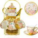20 Pieces European Ceramic Tea Set for Adults With Metal Holder and Flower Painting (Large Cream Version)