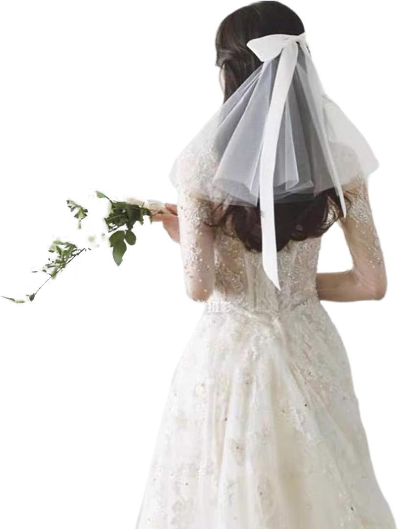 3 x takemay Wedding Veil for Brides, Short White 2 Tier Tulle with Bow Hair Clip for Wedding Travel Party