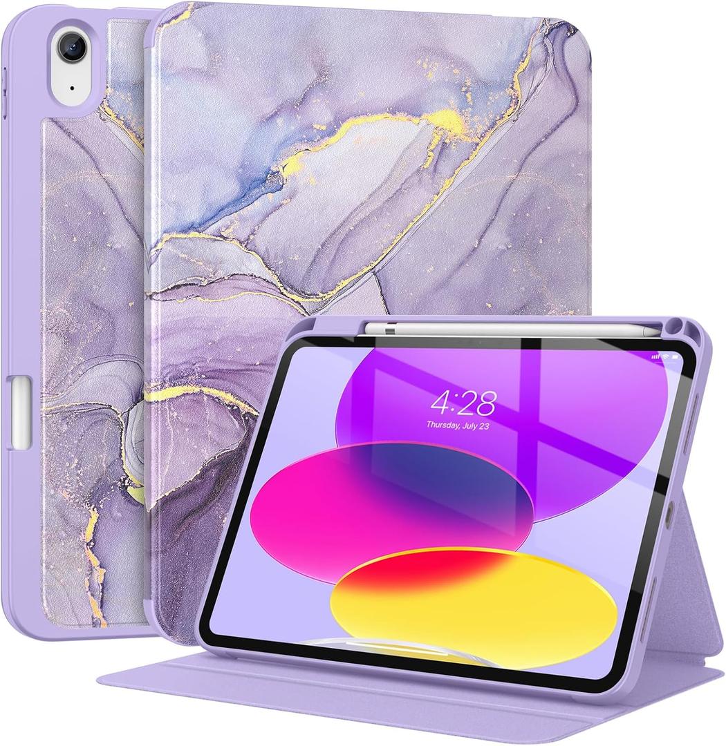 Supveco Case for iPad (A16) 11th Generation 11 inch (2025), iPad 10th Generation 10.9 inch (2022) with Pencil Holder-[Auto Wake/ Sleep], Premium Folio Stand Case with Soft TPU Back Cover-Marble Lilac