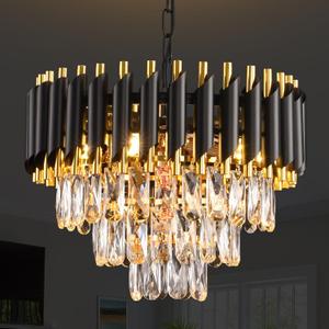 Modern Crystal Chandeliers 15.7Gold Contemporary Crystal Ceiling Lights Fixtures 3-Tiers 5 Lights Black Round Chandelier Pendant Light Fixtures for Entryway Living Room Dining Room Bedroom Foyer