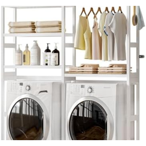 Cozivolife Over The Washer and Dryer Storage Shelf Bamboo,5 Tiers Laundry Room Drying Rack with Adjustable Shelves and 4 Hooks,Space Saver Organizer for Hanging Clothes and Towels (White)