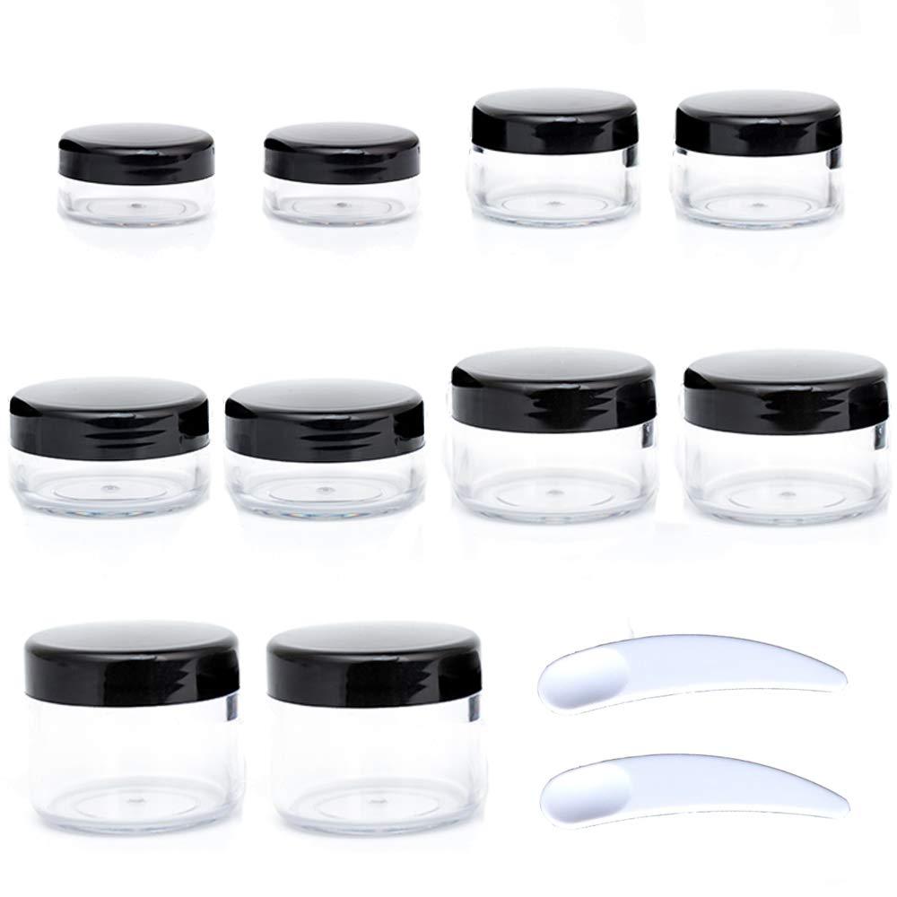 ZEJIA 10pcs Small Travel Containers, Black Sample Jars with Screw Lids, 5 Size 3/5/10/15/20 Gram, 12pcs Labels and 2pcs Mini Disposable Spatula, Makeup Sample Containers BPA Free, Black