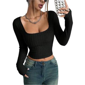 SOLY HUX Women's Long Sleeve Crop Tops Y2k Square Neck Ribbed Knit Going Out T Shirts (Black, M)