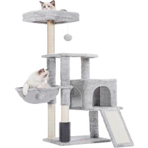 Heybly Cat Tree with Cat Self Groomer Brush, Cat Tower Condo for Indoor Cats with Padded Plush Perch, Cat House with Basket Scratching Board Post, Light Gray HCT005SW (42.5 inch)