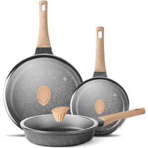 YIIFEEO Non Stick Frying Pan Set - Stone Skillet Set, Kitchen Omelette Pans, Induction Chef' Pan Grainte Cookware Set, Nonstick Frying Pans with Lid(8inch&9.5inch&11inch)