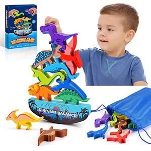 IPOURUP Dinosaur Toys for Kids 3-5: Wooden Stacking Montessori Toys for 3 4 5 6 7 8 Year Old Boys Girls Birthday Gifts for Kid Ages 4-8 Balance Competition Game for Family Stocking Stuffers