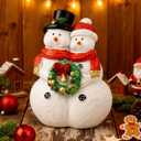 2 x Snowman Couple Figurines with Christmas Wreath, Resin Christmas Snowmen Decorations, Snowman Tabletop Home Decor Statue for Tabletop Ornaments