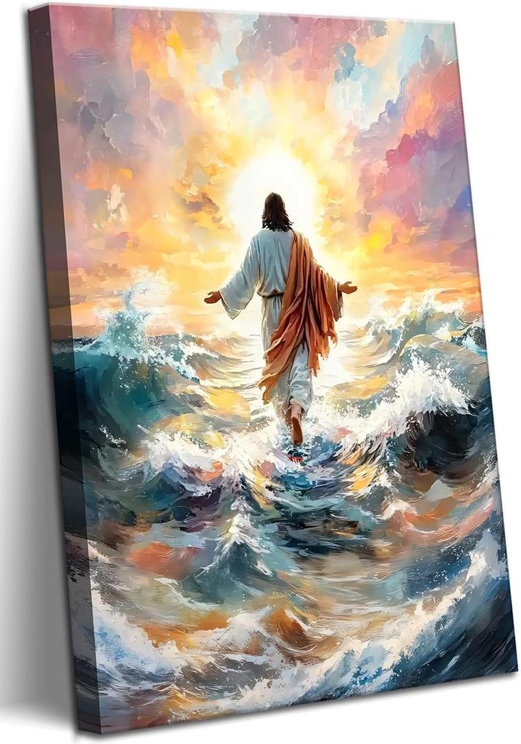 Jesus Walking On Water Wall Art Christian Prints Wall Decor Jesus Christian Canvas Painting Religious Spiritual Beliefs Prints Artwork for Church Bedroom Living Room Office Ready to Hang 16x24 Inch