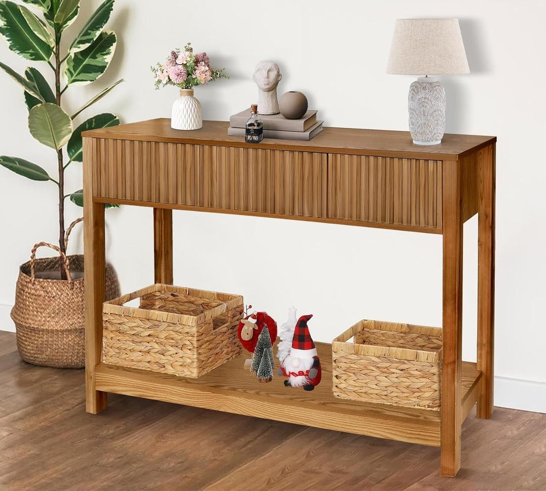 Fluted Console Table with Storage, 48" Long Entryway Slim Sofa Table Behind Couch Entry Tables, Narrow Wood Hallway Modern Living Room Couch Foyer Entrance Tables Brown, 48 inches x 11.8 inches x 31.8 inches
