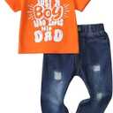 Toddler Boy Clothes Baby Boy Outfit Letter Prints Hoodies Top Ripped Jeans Cute Boys Clothing Set Fall Winter (18-24 Months, Orange)