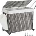 SONGMICS Laundry Hamper with Lid, 42.3 Gallons (160 L), Rolling Laundry Basket with Wheels, 3-Section Synthetic Rattan, Removable Liner, Bedroom, 29.9 x 13 x 26 Inches, Gray ULCB365G01