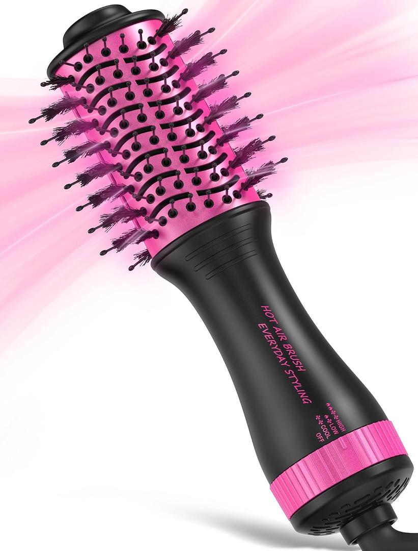 Mini Travel Hair Dryer Brush, 2Inch Oval Blow Dryer Brush for Short to Medium Hair, Dual Voltage 120–240V Hot Air Brush with Ceramic Coating, Smooth Blowouts, Black &Pink