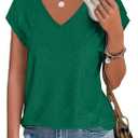 Imily Bela Womens V Neck T-Shirt Summer Cap Sleeve Dressy Casual Tops Eyelet Embroidered Fashion Tees (Green, S)