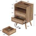 SUPERJARE 2 Drawer Night Stand with Charger Station, Boho Rattan Nightstand Set of 2, 25.2 Inch Tall Bed Side Table with Solid Wood Feet, End Table, Open Storage, Synthetic Rattan, Walnut, 11.8"D x 15.8"W x 25.2"H