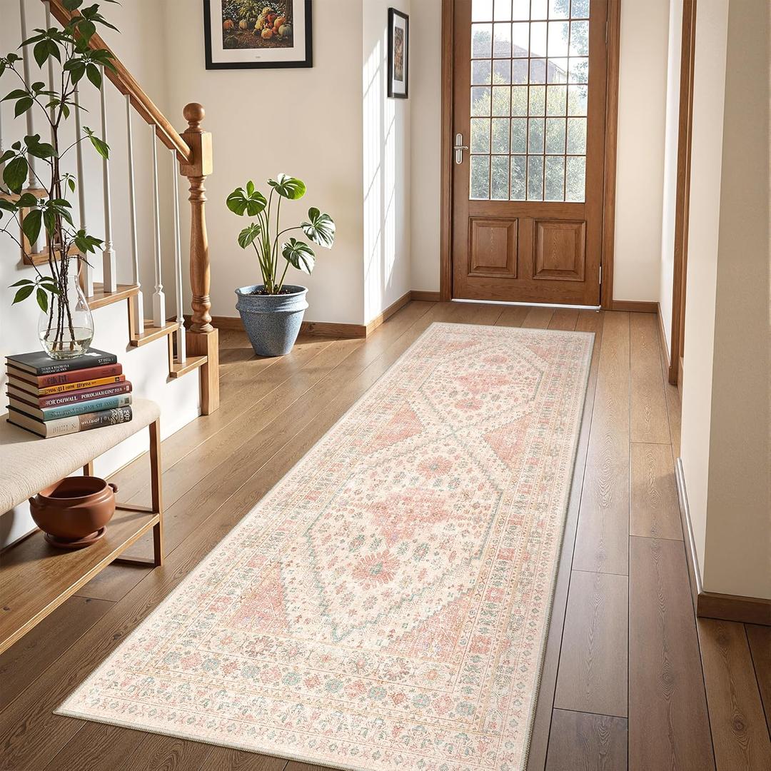 Runner Rug 2x6, Non Slip Washable Rugs for Laundry Room, Runners for Hallways, Low Pile Vintage Soft Rugs for Living Room, Kitchen Bathroom, Bedroom Rug(Pink)