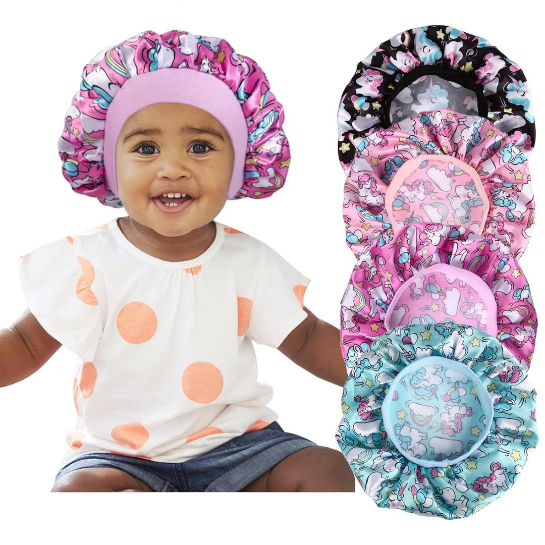 4 Pcs Silk Bonnet for Sleeping Kids Bonnets for Girls Baby Satin Sleep Cap Hair Wraps for Curly Natural Hair Elastic Wide Band (A01)