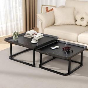 Square Nesting Coffee Table Set of 2, 23.6"+19.7" Nesting Tables,Small Square Coffee Table with Fluted,Center Table for Living Room Bedroom Office Balcony Yard (Black)