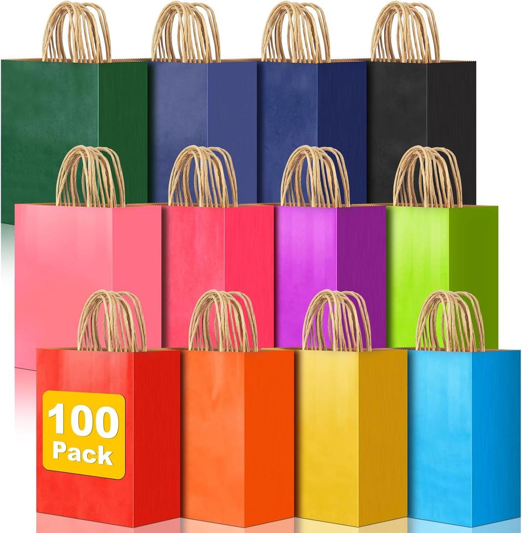 100 PCS Medium Gift Bags with Handles, 7.88"x4.73"x10.64" Party Favor Bags, 12 Colored Goodie Bags for Birthday Party, Kraft Paper Gift Bags Bulk for Wedding, Baby Shower, Celebrations, Party Supplies (Multiple)