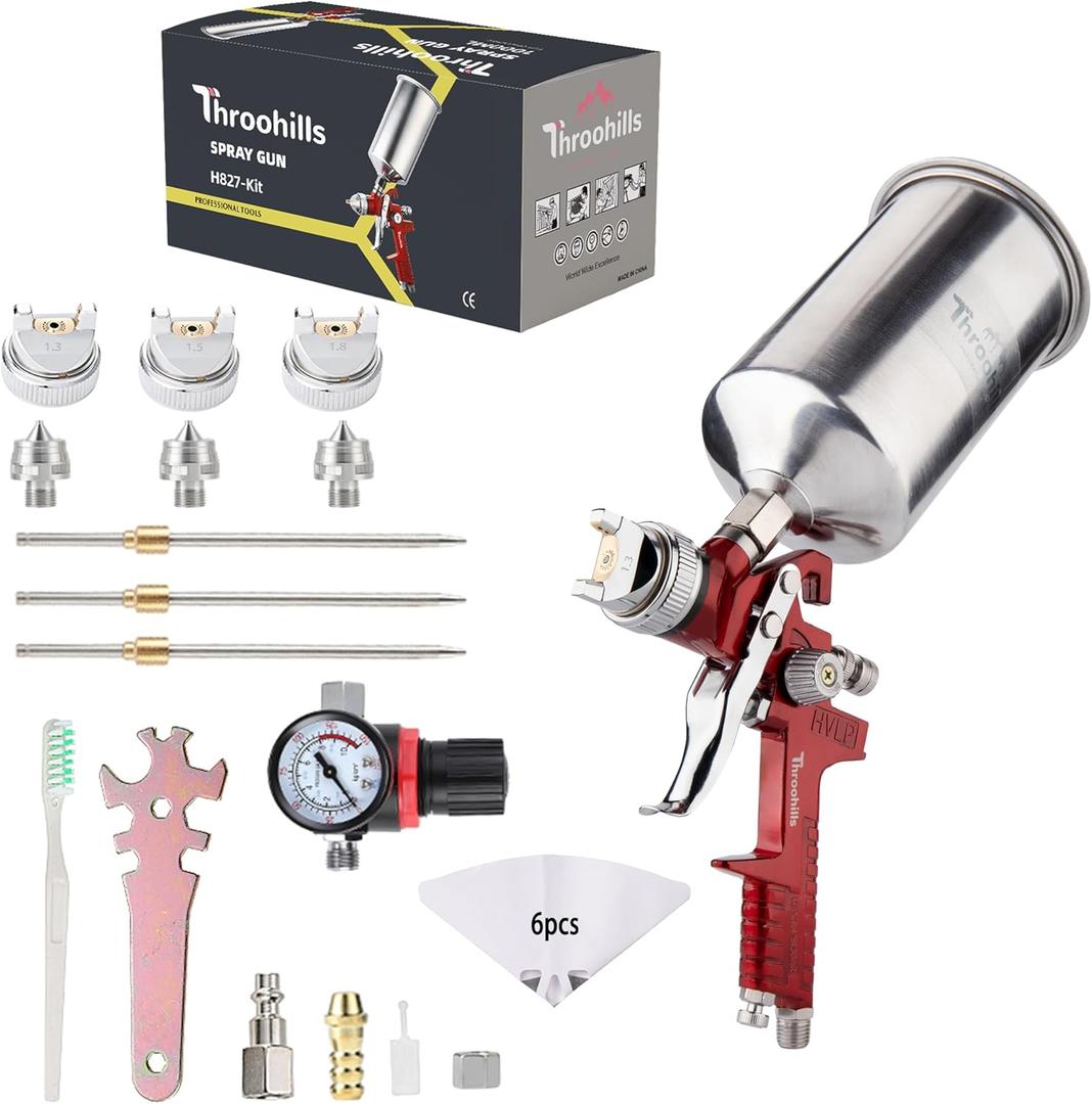 HVLP Automotive Paint Sprayer Gun, 1.3/1.5/1.8mm Air Paint Sprayer with Air Regulator 6PCS Paint Strainers and Cleaning kit,Suitable for Auto Paint, Base Coat & Touch UpRed