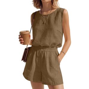 Ficerd Womens 2 Piece Summer Outfits Linen Short Sets Round Neck Sleeveless Tank Top Elastic High Waisted Shorts with Pockets(Khaki, Small)