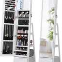Nicetree 360 Swivel Jewelry Cabinet with Lights, Touch Screen Vanity Mirror, Rotatable Full Length Mirror with Jewelry Storage, Standing Jewelry Armoire Organizer, Foldable Makeup Shelf, White