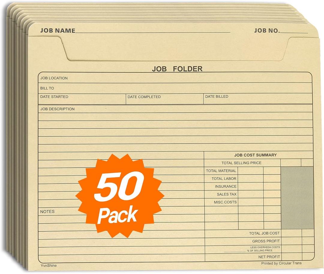 Job Folders for Projects,12 x 10 inch, Classic Manila File folders Jecket, Heavy Duty Folders Preprinted for Job Tracking, Costing and Customer Correspondence (50-Pack)