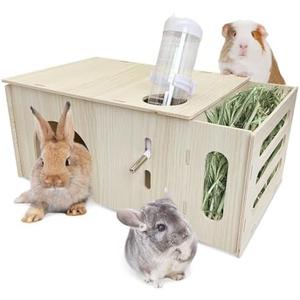 Hamiledyi Guinea Pig Hideout with Hay Feeder and Water Bottle Natural Wooden Chinchilla House Bunny Castle Small Animal Hideout for Rabbit Chinchilla Bunny and Guinea Pig