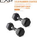 CAP 15lb Rubber Coated Hex Dumbbell, Comfort Grip, Free Weights, Pair