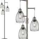 Nintiue Dimmable Floor Lamp, 3 x 800LM LED Edison Bulbs Included, Industrial Floor Lamp Standing Tree Lamp with Elegant Teardrop Cage Heads Tall Lamps for Living Room Bedroom-Brushed Nickel