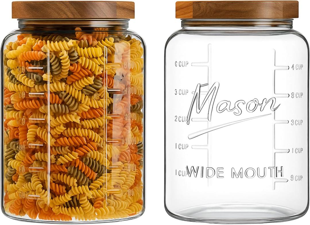 1 Gallon Glass Mason Jar with Airtight Wooden Lid, Wide Mouth Large Food Storage Container with Measurement Markings For Kitchen Pantry, Pickling, Cookies, Flour & Sugar - 2 Pack