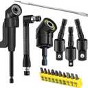 17-Piece Flexible Drill Bit Extension Set with 3 rotatable socket adapters, 2 hex shank 105 right angle drill attachments, 10 short screwdriver bits, and a 90 angled bit with a flexible extension