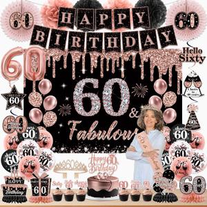 60th Birthday Decorations for Women,Rose Gold 60th Birthday Decorations,Happy 60th Birthday Banner, Balloons,Hanging Swirls,Cake Topper,Backdrop,Crown,Sash,Paper Fans,for 60 Years Old Birthday Decor