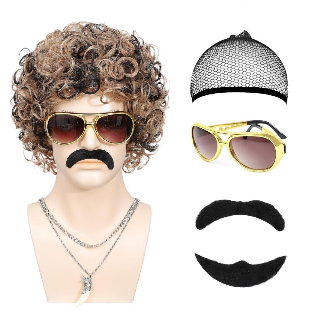 70s 80s Disco Wig 6pcs Set Short Afro Curly Wigs for Retro Disco Outfit Men Party Hippies Rocker Cosplay Costume (Blonde Mixed Brown)